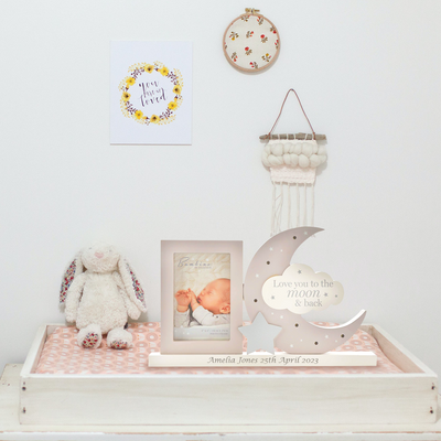 Personalised Engraved Light Up Mantel Plaque Frame love You To The Moon Baby Photo Frame Picture Gift Unisex Grey Newborn Girl Boy Present 36cm - Hoolaroo