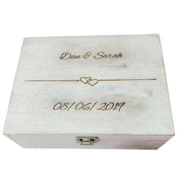 Personalised Wedding Keepsake Wooden Engraved Box Couples | White Wash Shabby Chic Treasure Chest Wedding Memory Gift Box - Hoolaroo