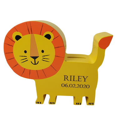 Personalised Money Box Wooden Jungle Lion Piggy Bank Baby Money Box Kids Gift - Hoolaroo