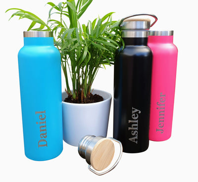 Personalised Water Bottle Stainless Steel Water Bottle, 600ml Insulated Bamboo Water Bottles + Name - Hoolaroo