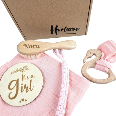 Personalised Engraved New Baby Hairbrush Gift Set, It's A Girl, Pink Swan Teether and Bib Newborn Gift Baby Shower Gift Box Hamper with Newborn Essentials Baby Girl Gift - Hoolaroo