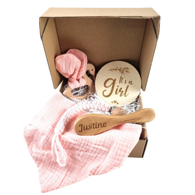 Personalised Engraved New Baby Hairbrush Gift Set, It's A Girl, Pink Swan Teether and Bib Newborn Gift Baby Shower Gift Box Hamper with Newborn Essentials Baby Girl Gift - Hoolaroo