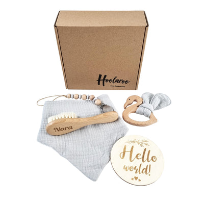 Personalised Engraved New Baby Hairbrush Gift Set, Hello World, Grey Swan Teether and Bib Newborn Gift Baby Shower Gift Box Hamper with Newborn Essentials Baby Gift - Hoolaroo