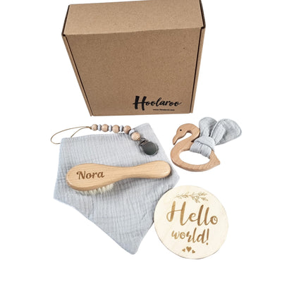 Personalised Engraved New Baby Hairbrush Gift Set, Hello World, Grey Swan Teether and Bib Newborn Gift Baby Shower Gift Box Hamper with Newborn Essentials Baby Gift - Hoolaroo