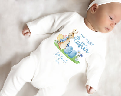 Personalised Baby Boy Sleepsuit - 1st Easter Rabbit Rompersuit | Newborn Gift Present - Custom Printed New Baby Outfit Clothing - Hoolaroo