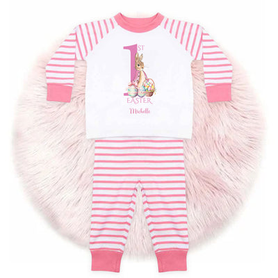 Personalised Baby Girl Pyjamas - My 1st Easter, 6-12 Months, Rabbit Pink Outfit Clothing Stripe PJs - Hoolaroo