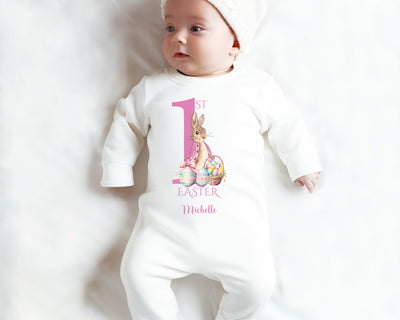 Personalised 1st Easter Baby Girl Sleepsuit - Newborn Rabbit Rompersuit Gift - Custom Printed New Baby Outfit Clothing - Hoolaroo