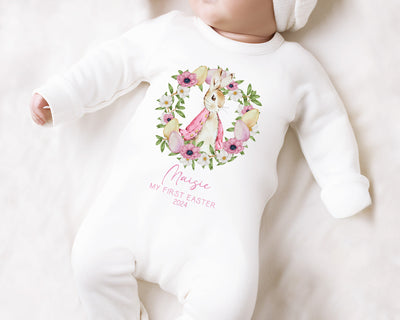 Personalised 1st Easter Baby Girl Sleepsuit - Newborn Rabbit Rompersuit Gift - Custom Printed New Baby Outfit Clothing - Hoolaroo