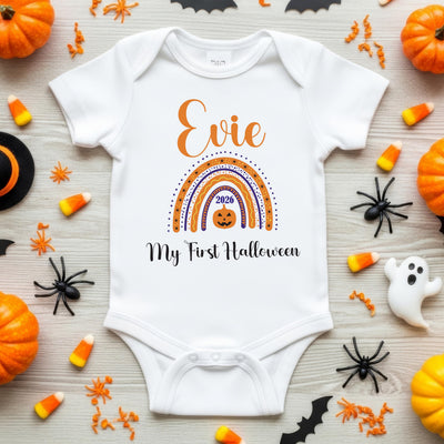 Personalised Baby First Halloween Rainbow Baby Grow Bodysuit 1st Halloween Outfit Cotton BabyGrow Vest Girl Boy Unisex Gift Name