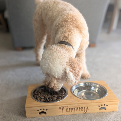 Personalised Dog Bowls - Large Engraved Feeding Station - Bamboo Double Stainless Steel - Suitable for Large, Medium, Small Dogs - Hoolaroo