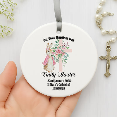 Personalised Christening or Baptism Bauble Hanger – Gift Box for Girls – Pink Bunny Theme Keepsake Momento – Custom Name Ornament – Baby Girl Baptismal Present in Pink Gift Packaging