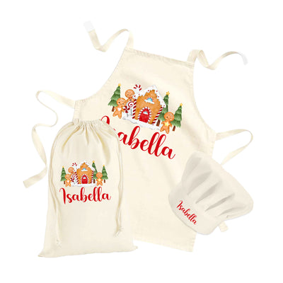 Personalised Christmas Apron Set Kids age 3-10 Xmas Cookie Baking Gift Toddlers Hat Rolling Pin Gingerbread Design