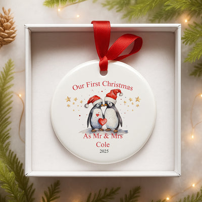 Personalised First Xmas Penguins Mr and Mrs Ornament  First xmas Married Bauble  Custom Couple Wedding Decoration