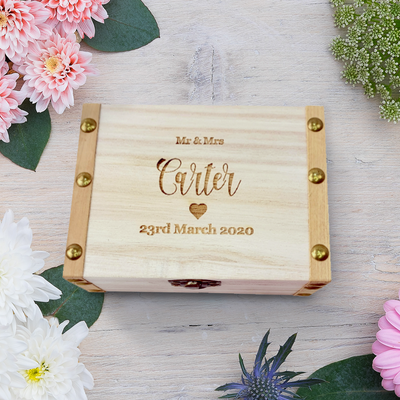 Personalised Engraved Wooden Keepsake Mini Wedding Rings Trinket Gift Box Heart Design Chest 14cm - Hoolaroo