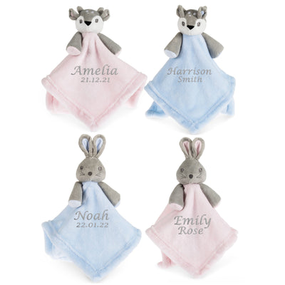 Personalised Baby Comforter, Embroidered Bunny or Deer Fawn Toy For New Baby Comfort Blanket Personalised Baby Gift For Girl Or Boy Keepsake - Hoolaroo