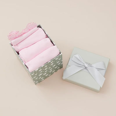 Personalised Pink 5-Piece Newborn Baby Girl Gift Set - Grey Bunny Design, Includes Sleepsuit, Bodysuit, Bib, Hat, Mittens in Cube Gift Box