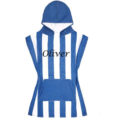 Personalised Kids Hooded Towel Poncho - Blue Stripe Embroidered With Name - Swimming Towel For Age 3-7 Boys - Beach Swim Changing Robe - Hoolaroo