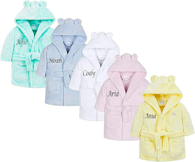 Embroidered Personalised Soft Baby Toddler Dressing Gown Bath Robe Teddy Ears - Hoolaroo