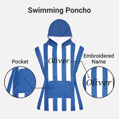Personalised Kids Hooded Towel Poncho - Blue Stripe Embroidered With Name - Swimming Towel For Age 3-7 Boys - Beach Swim Changing Robe - Hoolaroo