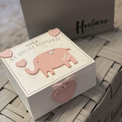 Personalised Engraved Baby Vintage Wooden Elephant Keepsake Box Pink Memory Box - Hoolaroo