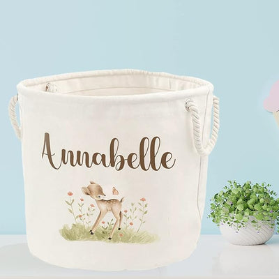 Personalised Toy Box Storage Basket For Kids - Deer Design & 2 Sizes - Baby Deer Name Gifts For Girls & Boys - Tidy Room - Hoolaroo