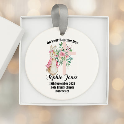 Personalised Christening or Baptism Bauble Hanger – Gift Box for Girls – Pink Bunny Theme Keepsake Momento – Custom Name Ornament – Baby Girl Baptismal Present in Pink Gift Packaging