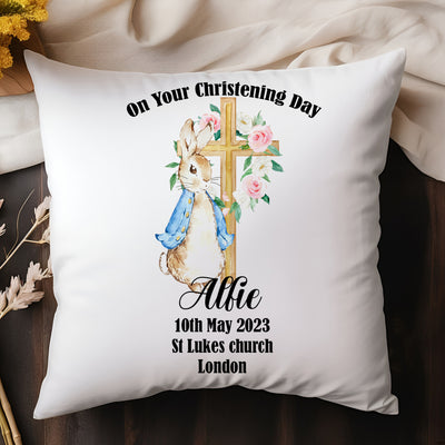 Personalised Christening Cushion 40cm Bunny Baptism Keepsake Pillow Unique Gift for Boys & Girls – Special Godparent Gift  Custom Naming Day Present