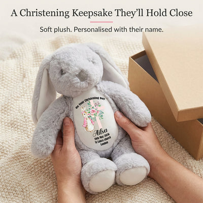 Personalised Christening Bunny Baptism Gifts For Girls or Boys Christening Present Neice Goddaughter Baby Rabbit Keepsake Pink