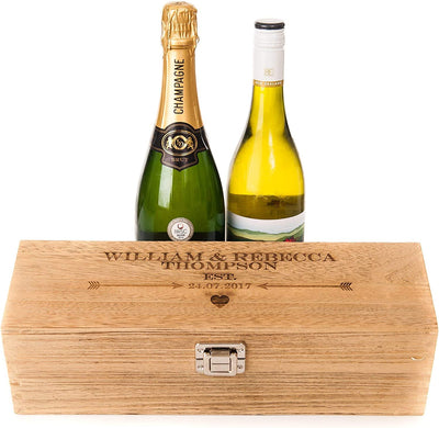 Personalised Engraved Oak Style Wooden Wine Gift Box Wedding Valentines Lined - Hoolaroo