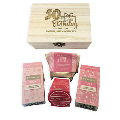 Personalised Birthday Gift Engraved Box Set with Handmade Soap - Natural Bath Shower, Rose, Serenity Spa Present for 40th 50th 60th