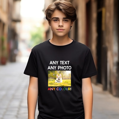 Personalised Kids T-Shirt Photo Any Text Create Your Own Custom Design Top Tee Girl Boys Black - Hoolaroo