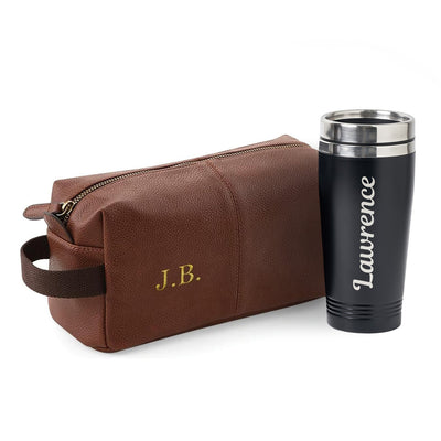 Personalised Embroidered Leather Wash Bag Gift Set With Engraved Travel Mug Coffee Present for Him, Dad, Brother