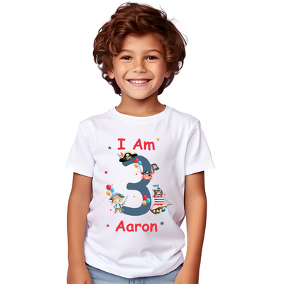 Personalised Pirate Birthday T Shirt for Boys – Custom Name Pirate Birthday Outfit – Kids Age 1 to 6 Years – Boys Pirate Party Shirt