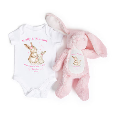 Personalised 1st Mothers Day Gift Set - First Mothers Day Together Bunny Babygrow Baby Pink Bunny Teddy