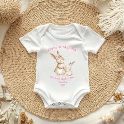 Personalised 1st Mothers Day Gift Set - First Mothers Day Together Bunny Babygrow Baby Pink Bunny Teddy