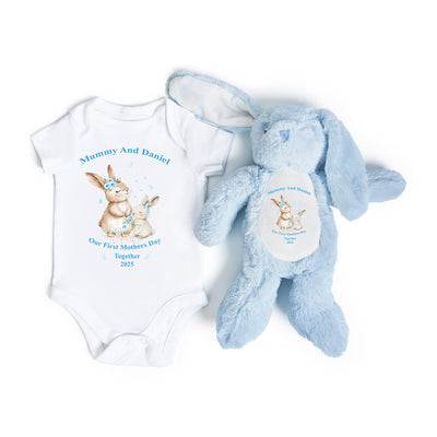 Personalised 1st Mothers Day Gift Set - First Mothers Day Together Bunny Babygrow Baby Blue Bunny Teddy