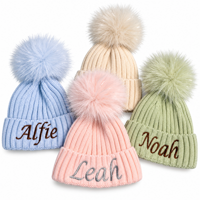 Personalised Embroidered Baby Winter Hat with Pom Pom – Ribbed Knitted Beanie Hat for Baby Boys & Girls – Personalised Name Gift – 0-12 Months