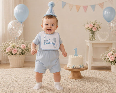 1st Birthday Party Hat and Bib Set – Blue/Pink