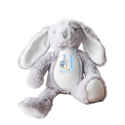 Personalised Bunny Rabbit Letter Name Baby Grey Gift For Newborn Boy Teddy Bear 23cm New Baby Present Easter - Hoolaroo