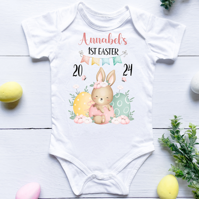 Personalised BabyGrow 1st Easter Bunny Design Newborn to 12 Months, Pink Vest Baby Grow Girl Gift - Hoolaroo