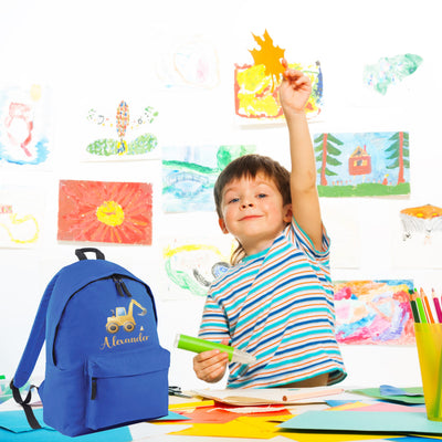 Personalised Blue Nursery Backpack with Construction Digger Design, Pre School Boys Children - Hoolaroo