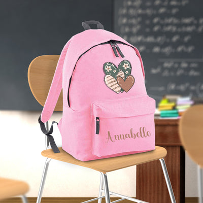 Personalised Boho Heart Backpack for Girls Large 18L Kids Rucksack School Bag for Age 8 9 10 Teenager Customisable Children's Pack Name 42x31x21cm - Hoolaroo