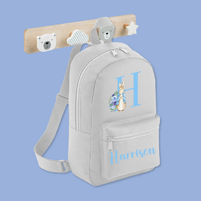 Personalised Backpack Baby Toddler Rabbit Rucksack - Grey Blue Boys Nursery Baby Gift - Hoolaroo