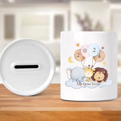 Personalised Baby Money Box Ceramic Custom Keepsake Unisex 2025 Design, Baby Girl Boy Gift First Birthday My 1st Money Box Birth Details Front and Back - Hoolaroo