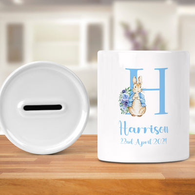 Personalised Baby Money Box Ceramic Custom Keepsake Blue Bunny Design, Baby Boy & Girl Gift First Birthday My 1st Money Box Birth Details Front and Back - Hoolaroo