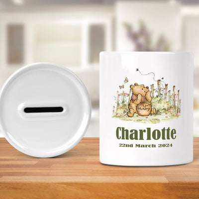 Personalised Baby Money Box Ceramic Custom Keepsake Honey Bear Design - Hoolaroo