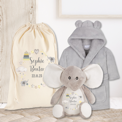 Personalised Soft Toy Elephant Dressing Gown: Newborn Baby Gift Present Grey Bath Robe, Canvas Gift Bag, Teddy & Matching Blanket 1st Birthday Gift - Hoolaroo