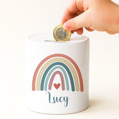 Personalised Money Bank Boho Rainbow Design – Kids Money Box Customised Gift for Baby or Child – Unique Girls or Boys Nursery Keepsake