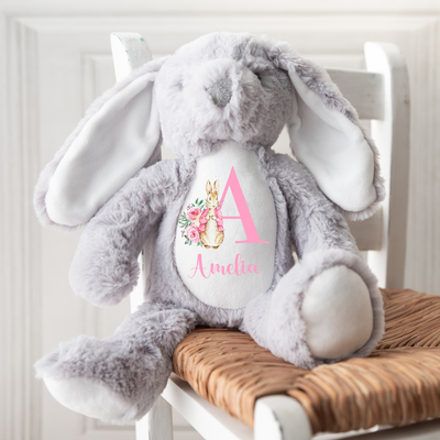 Personalised Bunny Rabbit Letter Name Baby Grey Pink Gift For Newborn Girl Teddy Bear 23cm New Baby Present Easter - Hoolaroo