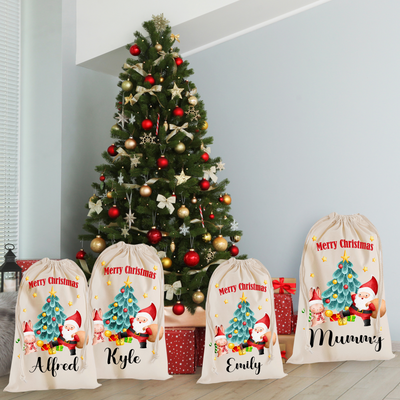 Personalised Christmas Santa Sack – Santa & Tree Design – Name & Initial - Xmas Gift Bag – 4 Sizes - Hoolaroo